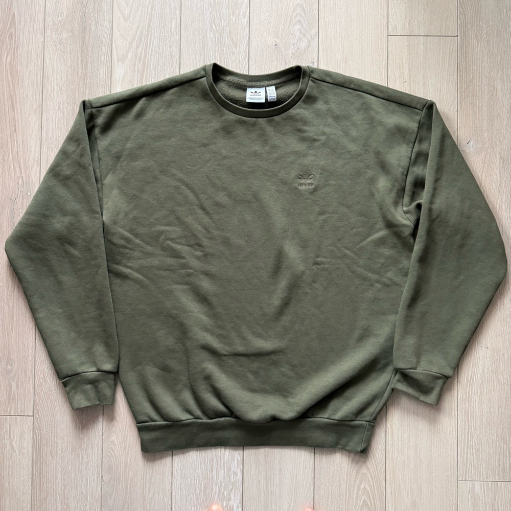 Adidas Logo Embroidered Boyfriend Sweatshirt in Olive Green Juniors Size XL - Picture 2 of 11
